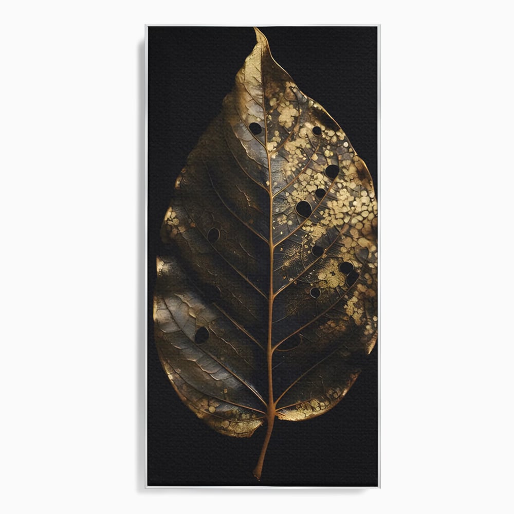 Tablou canvas cu tablou canvas cu frunza aurie pe fundal negru, in rama de aluminiu argintiu